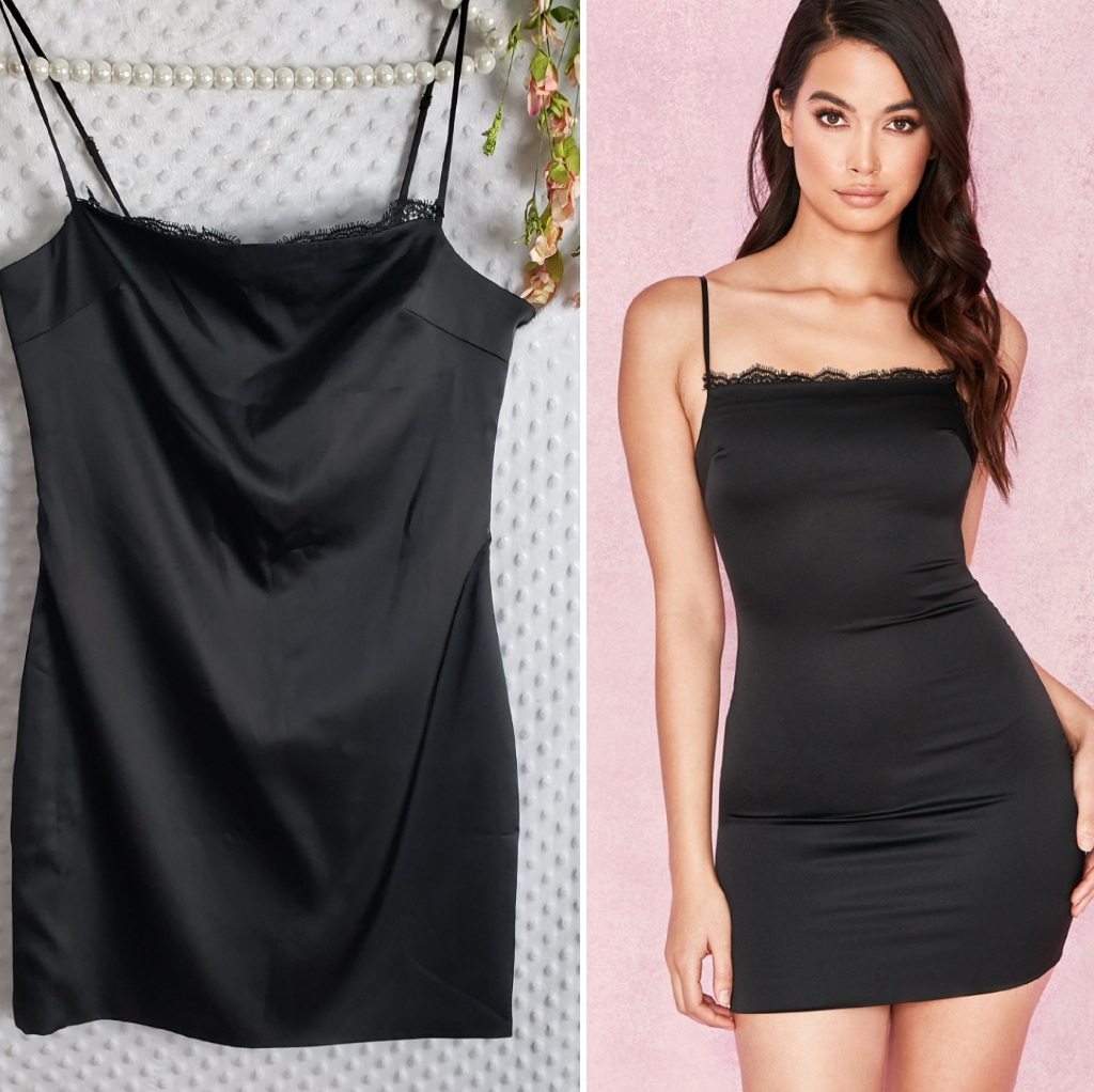 House Of Cb Dress Medium Black Satin Lace Mini